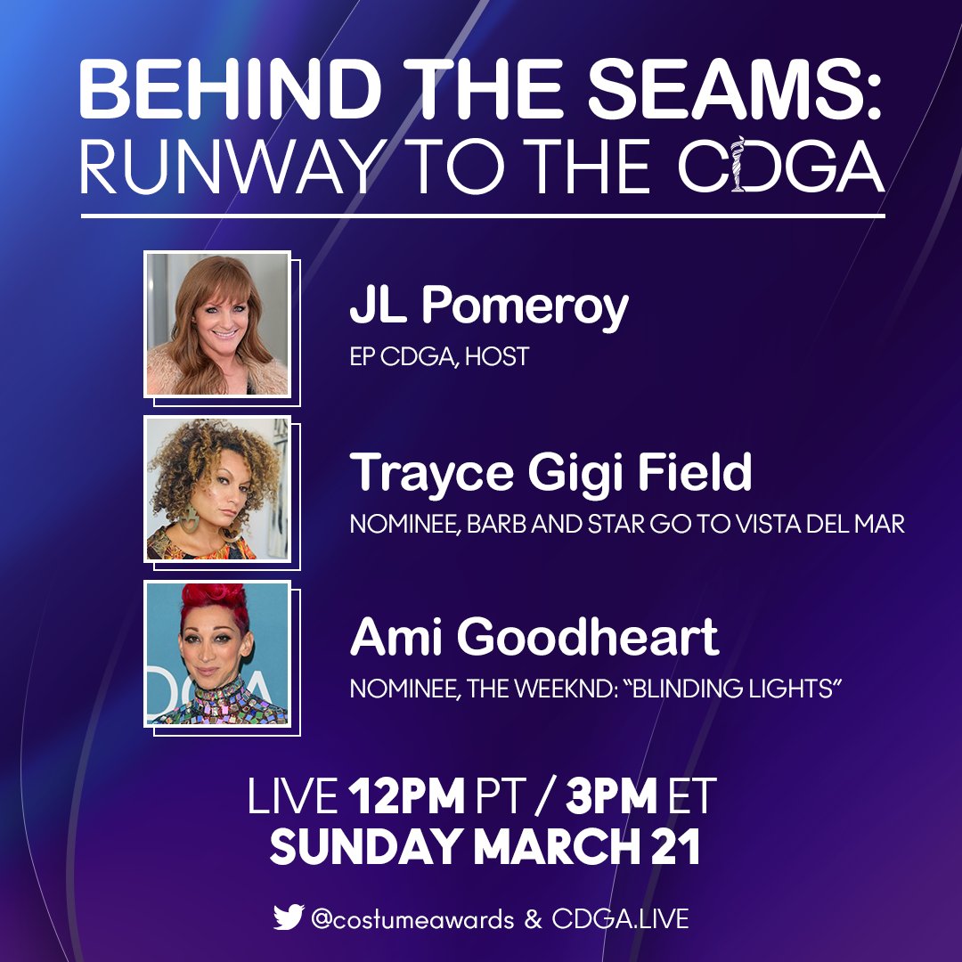 Get ready for another episode of BEHIND THE SEAMS: Runway to the CDGA! This week, we're joined by #CDGA noms <a href="/traycegigifield/">Trayce Gigi Field</a> (<a href="/BarbAndStar/">Barb and Star 🌴</a>) and <a href="/AmiGoodheart/">Ami Goodheart</a> (<a href="/theweeknd/">The Weeknd</a>, Blinding Lights). Watch the show live on Twitter or cdga.live this Sunday at 12pm PT/3pm ET!
