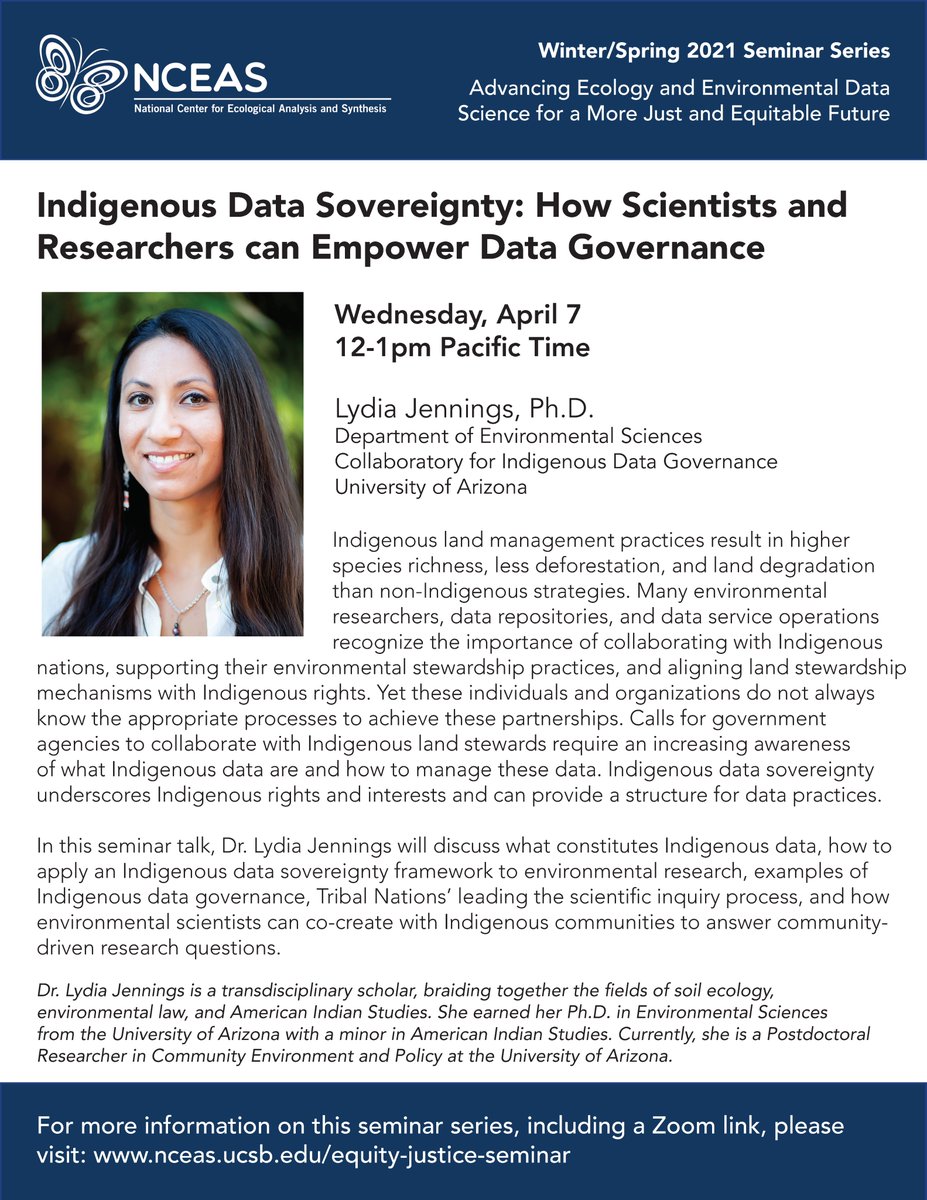 We just found out that <a href="/1NativeSoilNerd/">Lydia Jennings, Ph.D.</a> will be speaking on the <a href="/nceas/">ِ</a> Advancing Ecology and Environmental Data Science for a More Just and Equitable Future 2021 Seminar Series! Wed, April 7 12-1pm PTD
 
More info can be found at: nceas.ucsb.edu/equity-justice…