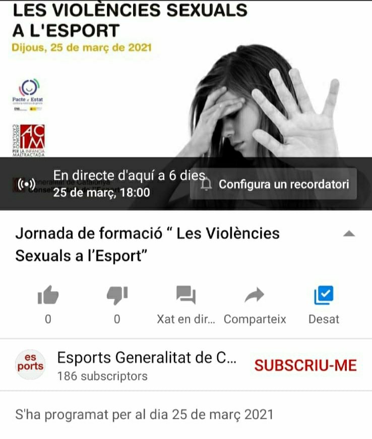 Escola Catalana De L' Esport (@catalana_l) on Twitter photo Tot a punt per a la jornada "les violències sexuals a l'esport" 25 de març a les 18 hores
<a href="/esportcat/">Esports</a>
✔️pots fer-ne el seguiment a través del canal de Youtube
youtube.com/watch?v=EQ4jd-…
<a href="/bnualart_blanx/">Blanca Nualart Barba</a>
<a href="/MarquitusMT/">Marc Moreno Tarragó</a>
<a href="/joanst74/">Joan Segura</a>
<a href="/gvimen/">Gemma Vilaro</a> Tot a punt per a la jornada "les violències sexuals a l'esport" 25 de març a les 18 hores
<a href="/esportcat/">Esports</a>
✔️pots fer-ne el seguiment a través del canal de Youtube
youtube.com/watch?v=EQ4jd-…
<a href="/bnualart_blanx/">Blanca Nualart Barba</a>
<a href="/MarquitusMT/">Marc Moreno Tarragó</a>
<a href="/joanst74/">Joan Segura</a>
<a href="/gvimen/">Gemma Vilaro</a>