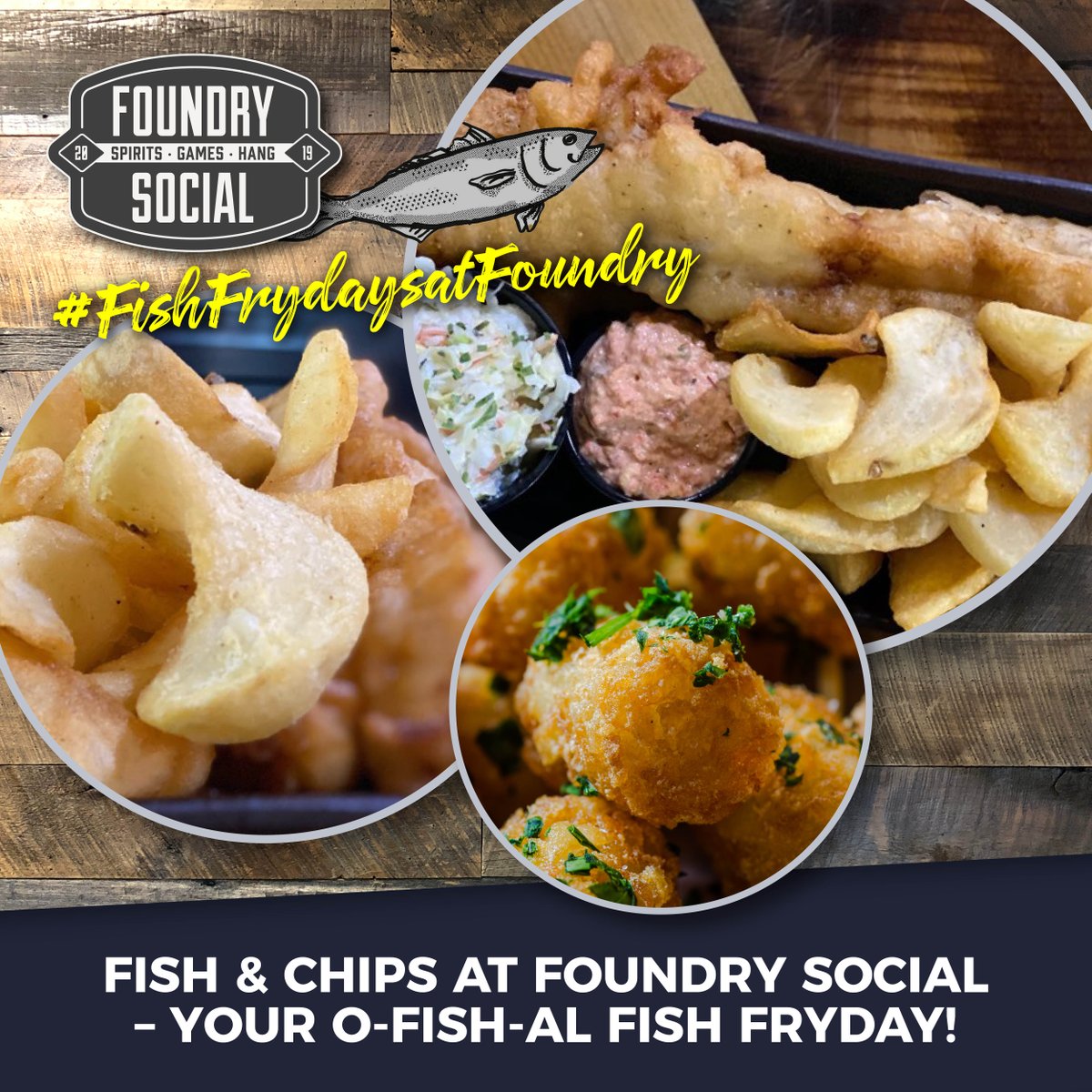 foundrysocialoh's tweet photo. Tired of limp fish in cardboard? Let us lure you in for the Friday Fish Fry at Foundry Social! Delicious High Voltage beer-battered fish, coleslaw, and your choice of fries or tots! Fish & Chips at Foundry Social β your O-Fish-al Fish Fryday! #FishFrydays https://t.co/EwWM8ZKhHp