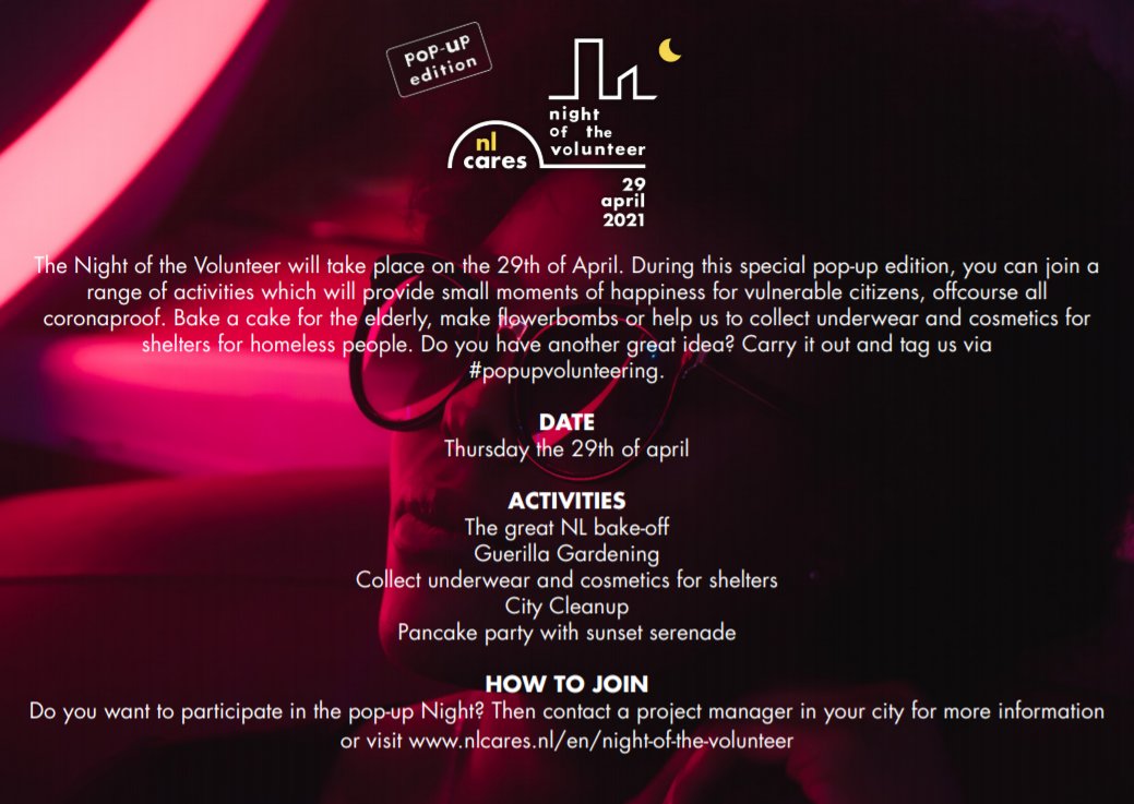 expat_help's tweet photo. The Night of the Volunteer will take place on the 29th of April. Carry it out and tag NL CARES via #popupvolunteering. Do you want to participate in the pop-up? Contact a project manager in your city for more information or visit https://t.co/hMPQrba6fi https://t.co/tI2DJTKw1N