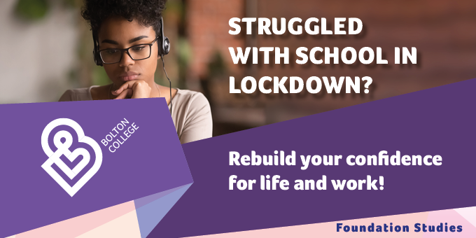 BoltonCollege's tweet photo. Struggled with school in lockdown? 

Chat with us about our courses for young people which can help you rebuild your confidence for life and work! 

👉 Learn more: https://t.co/nwtBj3kESX https://t.co/azu9UT3LqU