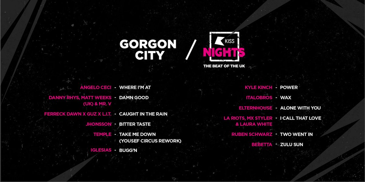Last night's @KissFMUK Track List 🥳 1/2 

1st Hour 👂

<a href="/dannyrhysmusic/">Danny Rhys</a>  
<a href="/FerreckDawn/">Ferreck Dawn</a> 
@kylekinchmusic 
<a href="/ItaloBros/">Italo Bros</a> 
@elternhouse 
<a href="/LARiots/">LA Riots</a> 
<a href="/BebettaMusic/">Bebetta</a>