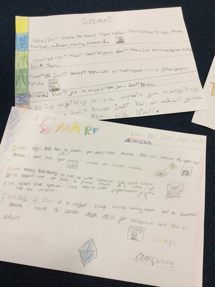 MrsValean's tweet photo. Year 3 showed fantastic knowledge about e-Safety in Computing. Here are a few of our SMART posters that show the five e-Safety rules. Well done, everyone! #ComputingIsCentral @Centralprimary @MrPerulero https://t.co/eF8PzJ4GNa