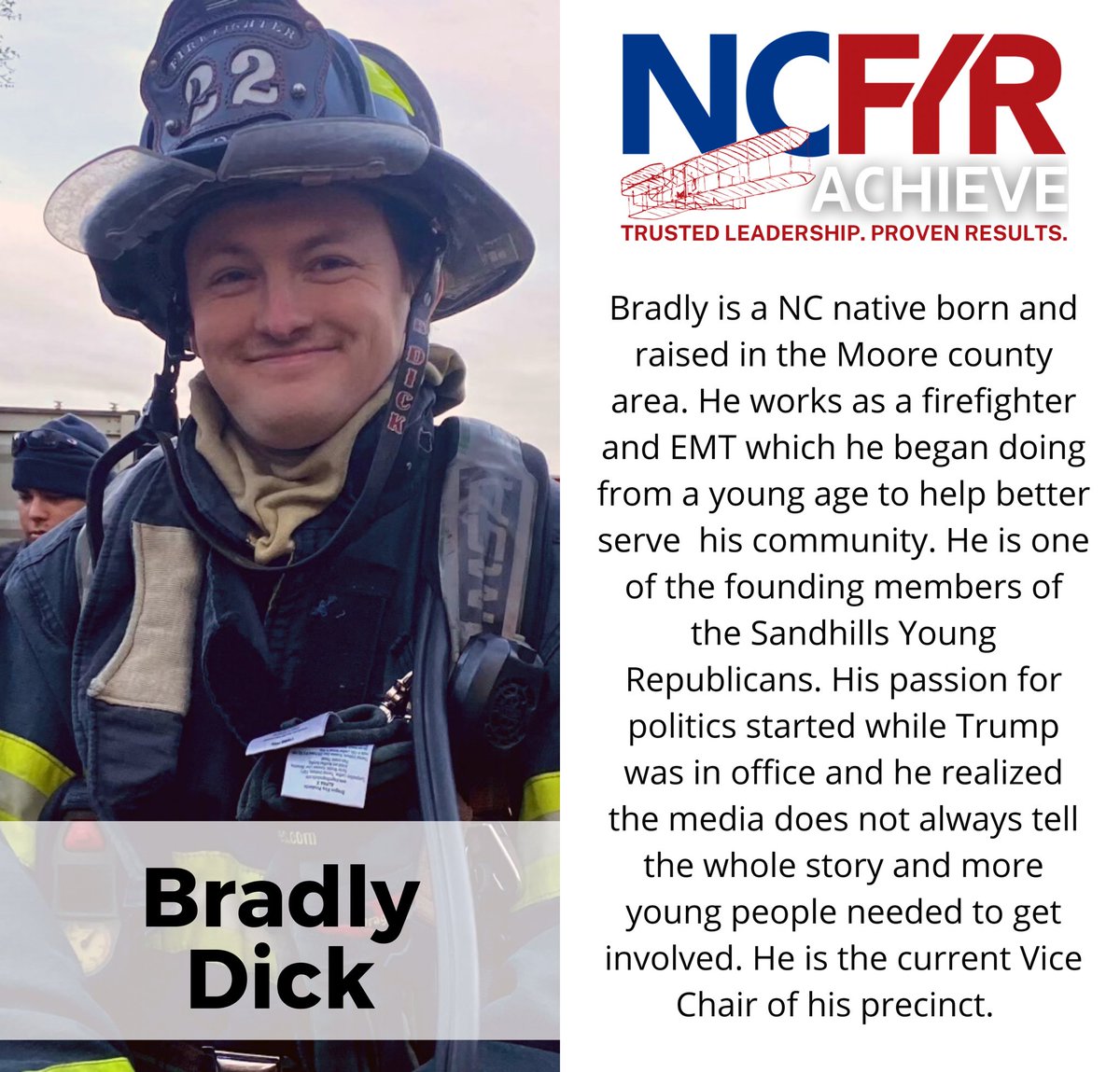 TogetherYR's tweet photo. Bradly Dick for NCFYR Assistant Secretary: Bradly is a NC native, born and raised in the Moore county area. He works as a firefighter and EMT. He is the Current Bice Chair of his Precinct. He is one of the founding members of the Sandhills YRs. #ncgop #NCFYRAchieve #ncpol https://t.co/4qaMOPnqWz