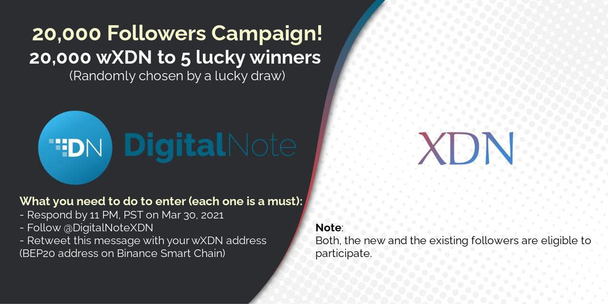 DigitalNoteXDN's tweet photo. Our community has been growing- next goal is to have 20,000 followers! You can help us &amp; have a chance to win 20,000 $wXDN (5 winners)! Both, the new and the existing followers are eligible to participate. Retweet to let your network know! Details in the image #DigitalNote $XDN https://t.co/6Zsgwlu7sy