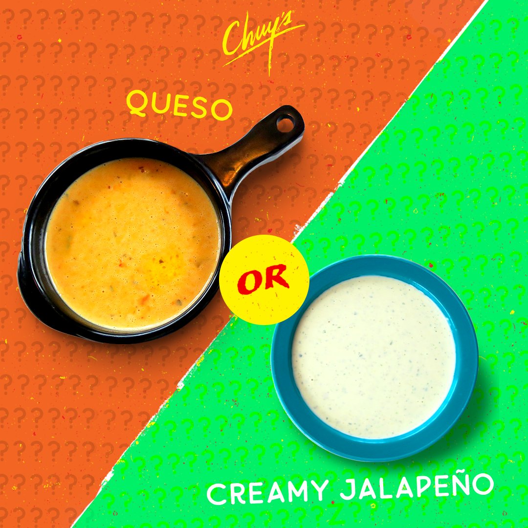 ChuysRestaurant's tweet photo. Chuy's Signature Sauce Showdown: Queso vs. Creamy Jalapeño! Which AWESOME SAUCE wins your vote? 🏆 https://t.co/k0qeeLptse
