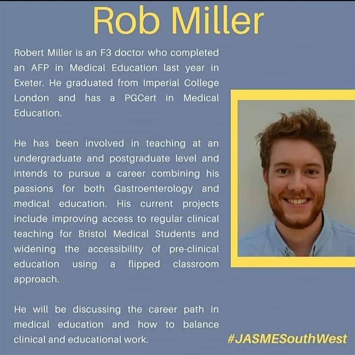 JLRandall_uk's tweet photo. Interested in MedEd? Want to hear from early career medical educators about their journeys? Why not join us on Mon 29th March 7pm for a South West Cluster @jasme_uk event - check out the speaker bios and get your ticket now! Link to register in FB event https://t.co/WNQeR699r2 https://t.co/yCM8bWhxEi