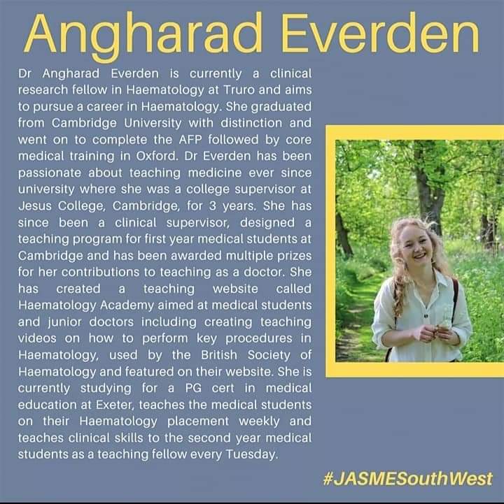JLRandall_uk's tweet photo. Interested in MedEd? Want to hear from early career medical educators about their journeys? Why not join us on Mon 29th March 7pm for a South West Cluster @jasme_uk event - check out the speaker bios and get your ticket now! Link to register in FB event https://t.co/WNQeR699r2 https://t.co/yCM8bWhxEi