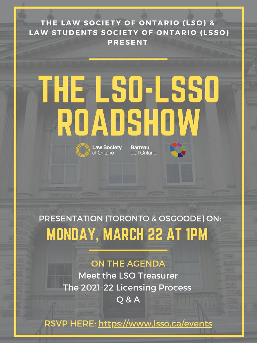 <a href="/UTLawSLS/">Students' Law Society | University of Toronto</a> <a href="/UTLaw/">UTLaw</a> and <a href="/legalandlit/">Osgoode Legal & Lit</a> <a href="/OsgoodeNews/">Osgoode Hall Law School of York University</a>  3L students: Your chance to meet <a href="/LSOTreasurer/">LSO Treasurer</a> and learn about the <a href="/LawSocietyLSO/">Law Society of Ontario</a> licensing process is this  MONDAY at 1PM! You won't want to miss this! Register Here: LSSO.ca/events