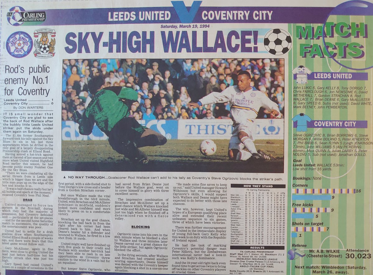 Been busy v Coventry this week?! Well here was another #OnThisDay 1994 with #lufc winning at #EllandRoad thanks to a sole (& spectacular) @RodWallacePSMG strike. A poor game overall that @AmitChampaneri1 probably remembers more than most as it was a special day for him 💛🤍💙