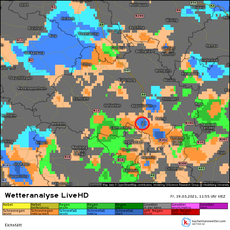 Kachelmannwettr's tweet photo. Das war der starke Graupelschauer, der die #Massenkarambolage auf der #A9 bei #Lenting auslöste. In unser hochaufgelösten Wetteranalyse dunkelblau: https://t.co/Ld5Xe7J6ME /FR https://t.co/2zrnIstMb5
