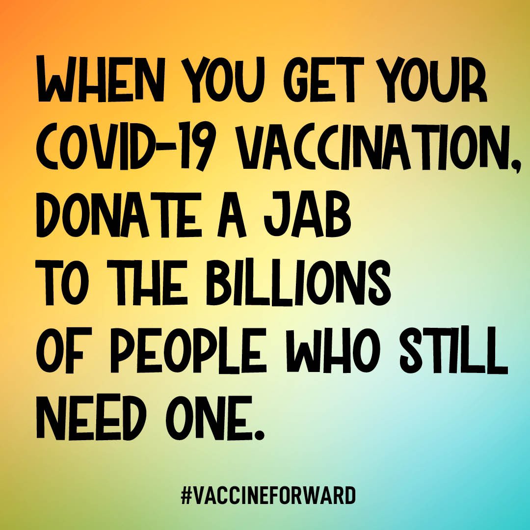 Grateful to have received a free #COVID19 vaccine today (UK resident, age 50+), I will now donate to <a href="/vaccineforward/">Vaccine Forward</a> to make it possible for people in the world’s poorest countries to get vaccinated as well. No one is safe until everyone is safe. Join me! bit.ly/3vBX68K