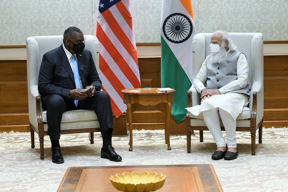 MIB India ?? #AmritMahotsav on Twitter: "U.S. @SecDef, who is on an official visit to India, called on PM @narendramodi earlier today. PM outlined his vision for strategic partnership between two countries