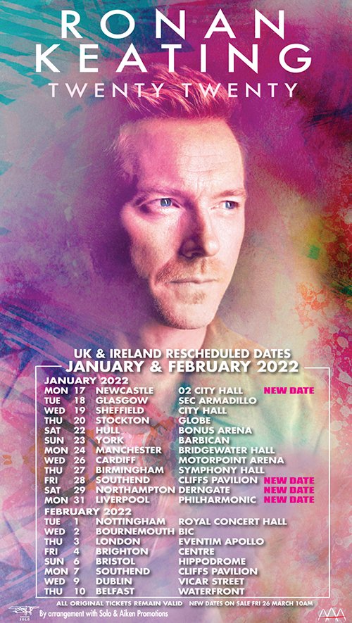 Louise_Official's tweet photo. The official list of rescheduled tour dates for @ronanofficial's Twenty Twenty Tour, from his official email newsletter. #ronankeating #rk20 #TwentyTwenty #rk22 https://t.co/aV8pZoWMlF