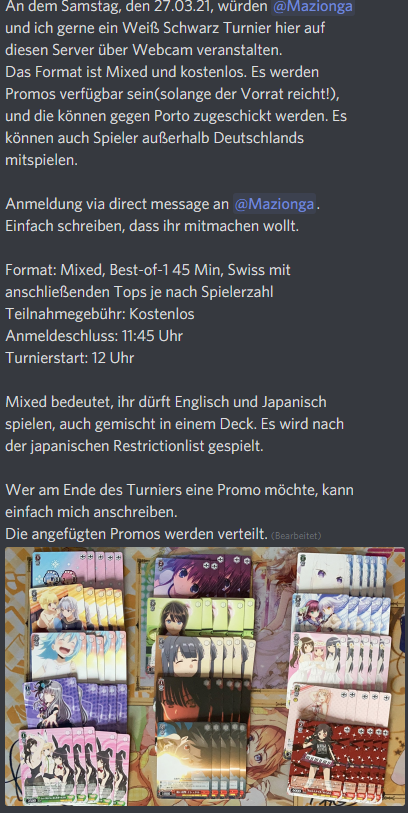 _GermanWS's tweet photo. Am 27.3. findet ein Webcam-Turnier auf dem deutschsprachigen WS-Discord-Server (https://t.co/weVj9u0QuM) statt~
Gratz an @Diz_310 und Mazionga für's organisieren!
#ws2tcg #wstcg #ws https://t.co/b0CQt1QmXk