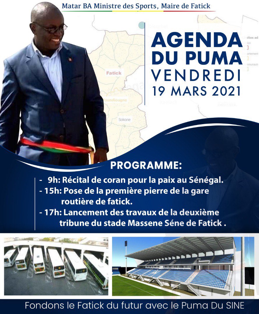 _MatarBA's tweet photo. Agenda du Ministre Des Sports et Maire de Fatick
VENDREDI 19 MARS 2021
- 9h: récital de coran pour la paix au Sénégal
- 15h: pose de la première pierre de la gare routière de fatick
- 17h: lancement des travaux de la deuxième tribune du stade Massene Séne de Fatick
#matarba🇸🇳 https://t.co/fFb8PKNZ8g