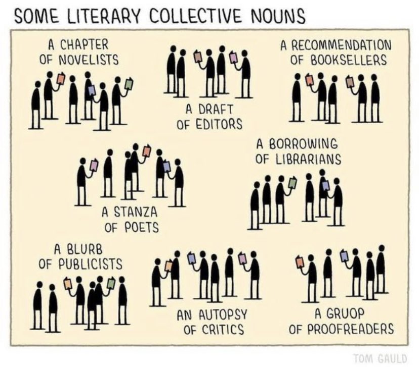 ComingUpTutors's tweet photo. Can you spot the ironic error on these collective nouns? 

If you can’t, maybe I can help you! 

#proofreading #writer #english #proofreader #editor #contentwriting 

*Thanks to Tom Gauld for the image https://t.co/B7TTCjNlkN