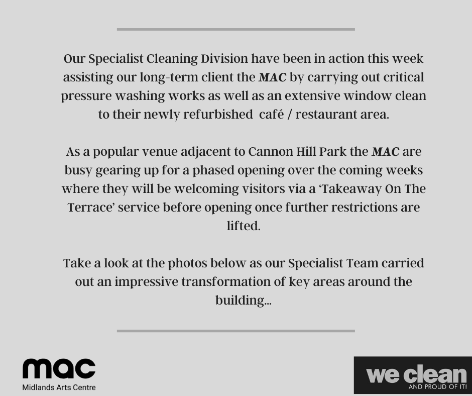 WeCleanBham's tweet image. The #weclean Specialist Cleaning Division have partnered with our long-term client the @mac_birmingham on an exciting pressure washing project as they gear towards their reopening to the public...