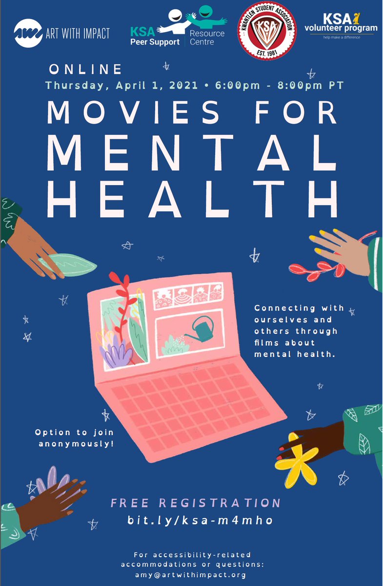 Join the KSA Peer Support Resource Centre on Thursday, April 1st, 2021 for Movies for Mental Health! Head to bit.ly/ksa-m4mho for free registration!