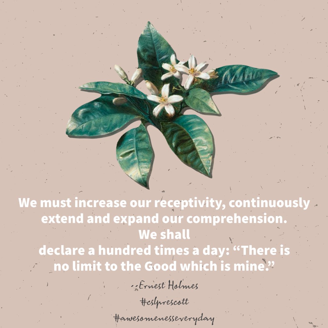 awe_som_ness's tweet photo. We must increase our receptivity, continuously
extend and expand our comprehension. We shall
declare a hundred times a day: “There is no limit to
the Good which is mine.” ~ Ernest Holmes 

#CSLPrescott
#awesomenesseveryday https://t.co/GE1bjGqFQi