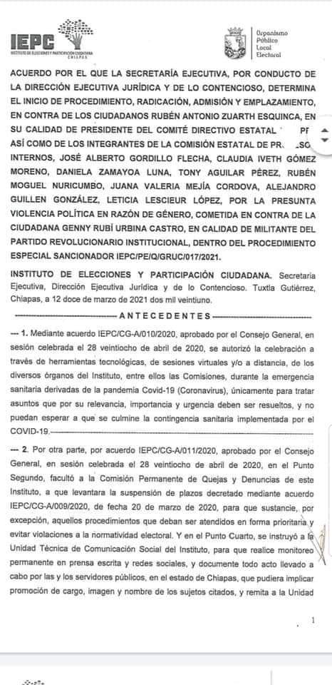UltimatumMx's tweet photo. 🚨Por violencia política de género, @IEPCChiapas inicia procedimiento #sancionador contra la dirigencia estatal del @ChiapasPRI que representa @rubenzuarth 

De acuerdo con el #documentooficial, la agraviada es Genny Rubí Urbina Castro, en su calidad de militante del #PRI https://t.co/OmWTPb9821
