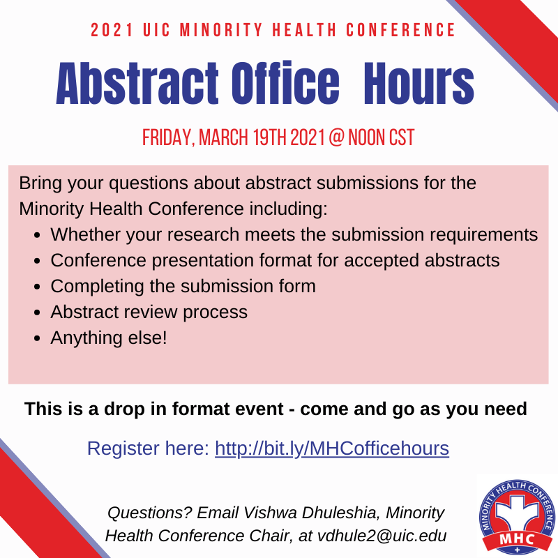 UIC_MHC's tweet photo. 🚨Abstract Office Hours TODAY at NOON! 🚨
Join us here: 
https://t.co/1sMHuHVpz4 https://t.co/zRAMVG5ixO