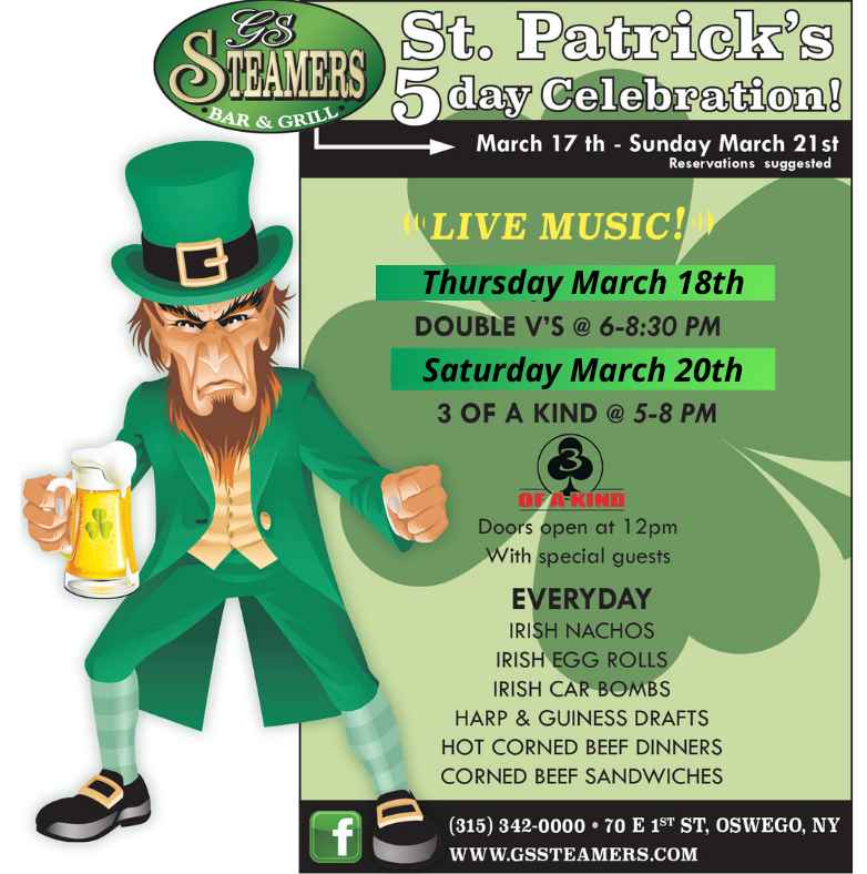 SteamersGs's tweet photo. A SUNNY WEEKEND!!!  It is going to be beautiful!  Start it off with Prime &amp; Wine Friday (Haddock too!).

Our FIVE DAYS OF ST. PAT's continues w/drink &amp; food specials AND "3 of a KIND" playing live Saturday the 20th!  We have a NOON opening Saturday so come celebrate! https://t.co/byMxx5OojK