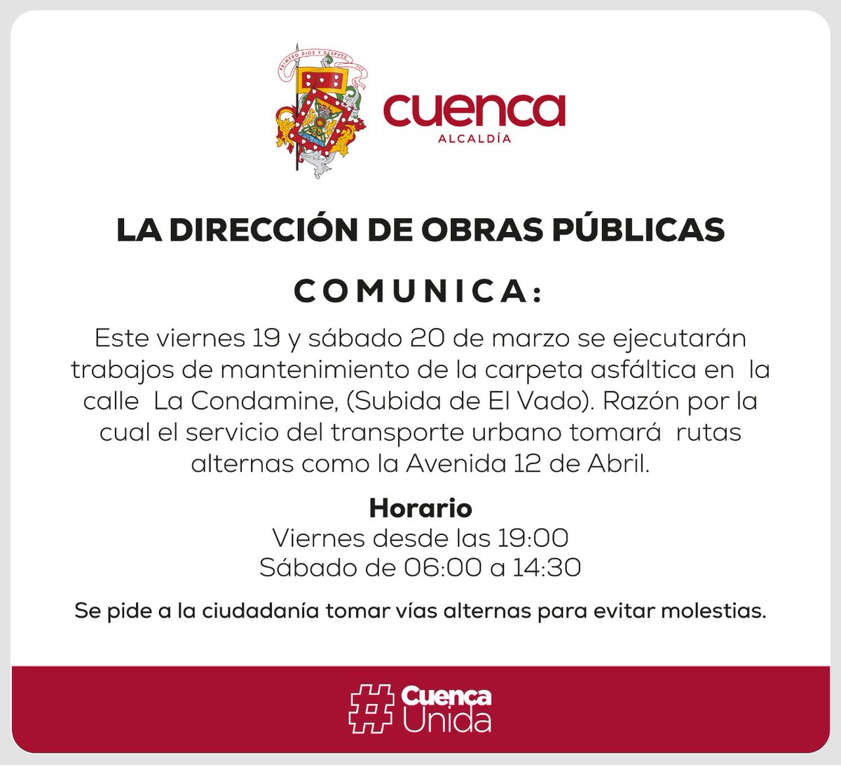 #MantenteInformado El Municipio de Cuenca informa