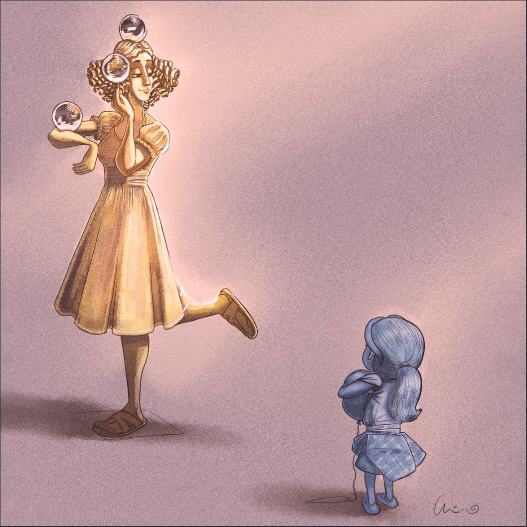 New painting of <a href="/dawn_dreams/">DigitalDawn Dreams</a> ‘s ‘goldie’ statue/contact juggling busking character. Such a fun character to draw.