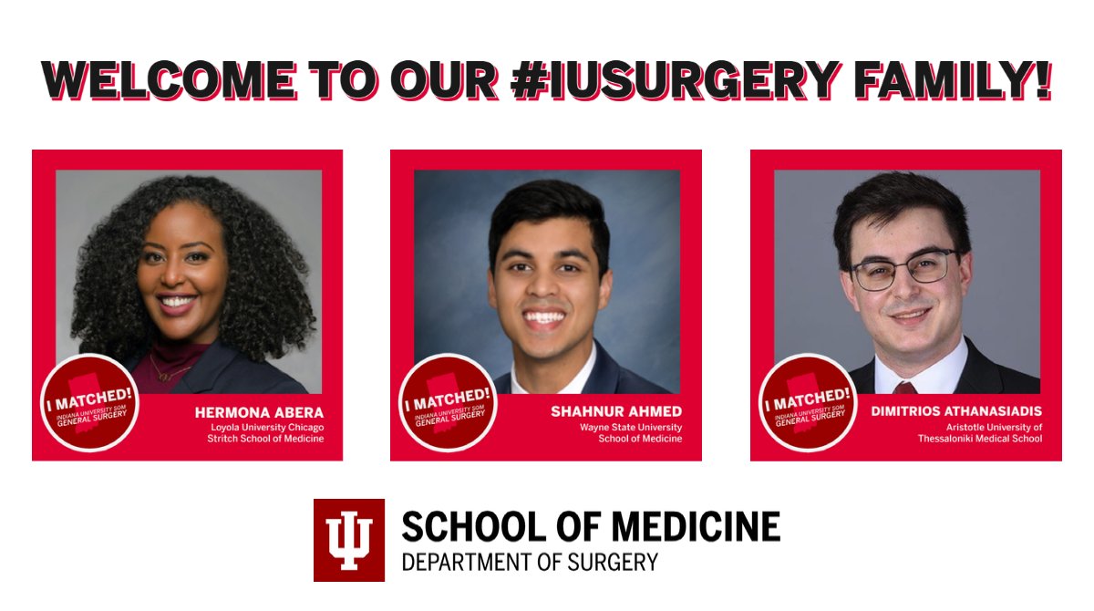 IU_Surgery's tweet image. We came, saw, and conquered the virtual match season - just like our newest crew of #iusurgery residents starting in July 2021.

Welcome Hermona, Shahnur, and Dimitrios!

(1/7)

@IUMedSchool