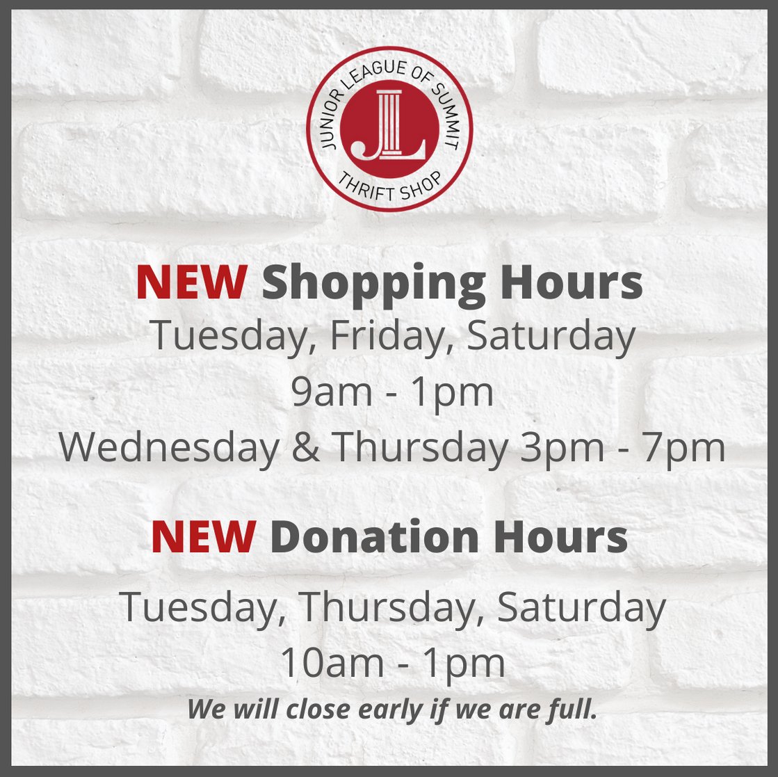 JLSummit's tweet photo. Our NEW Thrift Shop hours are beginning Tuesday! #shoplocal #supportlocal #supportlocalnonprofits #community #supportsmallbusiness #thriftingatitsbest #summitnj #shopsummitnj https://t.co/8gk94EJyvL