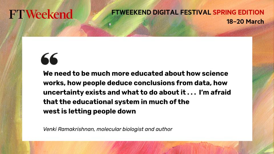 ftweekend's tweet photo. Molecular biologist Venki Ramakrishnan thinks that in an increasingly technological world, we need to be taught *how* to question things – and our current educational system is not necessarily up to it #FTWeekendFestival https://t.co/WRDWlBltMX