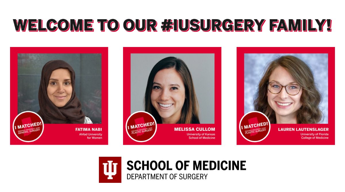 Indiana Surgery -Indiana Univ School of Medicine (@iu_surgery) on Twitter photo We came, saw, and conquered the virtual match season - just like our newest crew of #iusurgery residents starting in July 2021.
Welcome Fatima, Melissa, and Lauren!
(6/7)
<a href="/IUMedSchool/">IU School of Medicine</a> We came, saw, and conquered the virtual match season - just like our newest crew of #iusurgery residents starting in July 2021.
Welcome Fatima, Melissa, and Lauren!
(6/7)
<a href="/IUMedSchool/">IU School of Medicine</a>