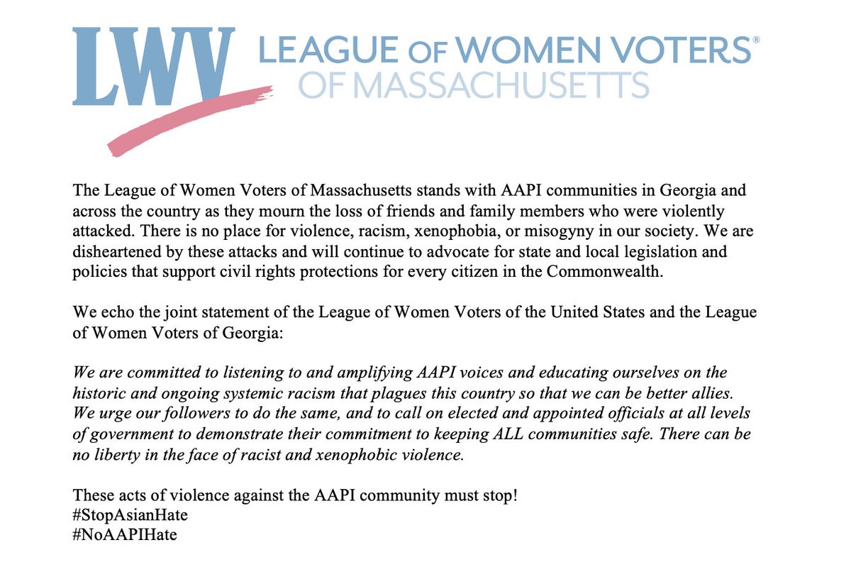 LWVMA's tweet photo. The League of Women Voters of Massachusetts stands with AAPI communities in Georgia and across the country as they mourn the loss of friends and family members who were violently attacked. #StopAsianHate #NoAAPIHate https://t.co/C8l7Aryx2g https://t.co/oAzC0JT1hg