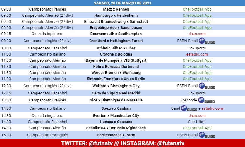 Futebol na TV on X: A programação do futebol neste sábado. Assine a  @tvguigo e tenha os canais ESPN, Band, CNN Brasil e diversos outros por  apenas R$ 32,80/mês, totalmente online e