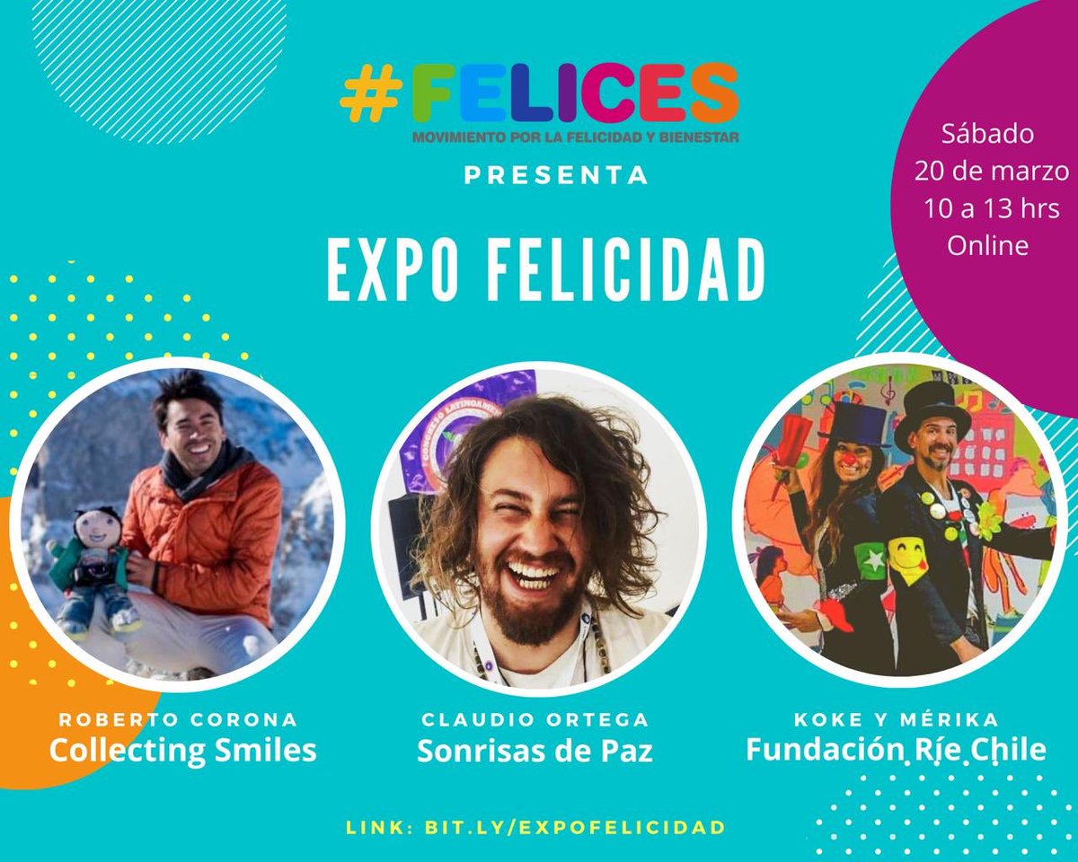 Andrés Caniulef (@acaniulef) on Twitter photo Este sábado 20 de marzo se celebra el #DíaMundialdelaFelicidad y <a href="/FelicesChile/">feliceschile</a> ( movimientofelices.org ) , te invita a la *Expo Felicidad*, evento online por una mejor salud mental. De 10 a 13 hrs, vía zoom haciendo clic en el siguiente enlace bit.ly/expofelicidad. Este sábado 20 de marzo se celebra el #DíaMundialdelaFelicidad y <a href="/FelicesChile/">feliceschile</a> ( movimientofelices.org ) , te invita a la *Expo Felicidad*, evento online por una mejor salud mental. De 10 a 13 hrs, vía zoom haciendo clic en el siguiente enlace bit.ly/expofelicidad.