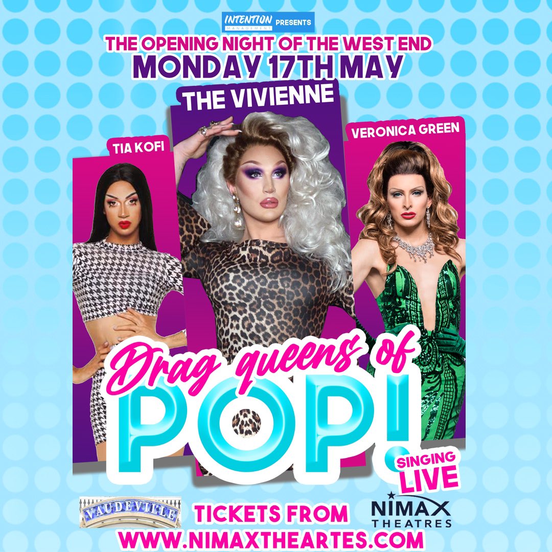 THEVIVIENNEUK's tweet image. Finally back on stage. So excited to be performing in London’s West End at The Vaudeville Theatre with our new show ‘Drag Queens Of Pop’ alongside @TiaKofi and @veronicaqween . And it’s on the very first night theatres reopen, May 17th! It’s an all live singing! ON SALE NOW!