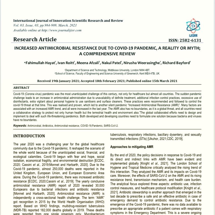 Well before covid-19, the world already faced an emergent threat of antimicrobial resistance, and many have sounded the alarm over further escalation during the pandemic.

Working closely with amazing colleagues and my mentor Prof Ivan Roitt (FRS) we have published this review
