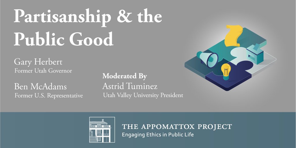 uvuethics's tweet photo. We're excited to announce our "Partisanship &amp; the Public Good" event featuring Gary Herbert, Ben McAdams, and Astrid Tuminez!

Please join us on April 9th at 10:00am for the YouTube Live event. We look forward to virtually seeing you there and taking your questions! https://t.co/GhYZ24ZZ3s