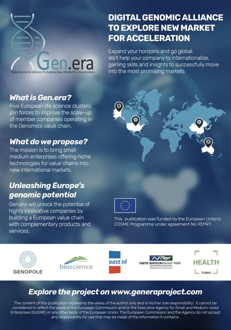 projectgenera's tweet image. European Genomics SMEs go International!!

#ProjectGENERA @AlainLusardi_19 @Kyngwho @LaaksosenTeppo @sssparkel @teropiispanen @annejovenceuau @RinoProta @RobertaLauro4 @campaniabioscience @Genopole @Turku Science Park Ltd @Tartu BT Park OÜ @East-Netherlands Development Agency