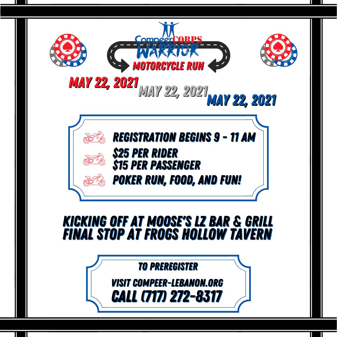 CompeerLeb's tweet image. For 2021, we're taking CompeerCorps Warrior outside and on the road for a fun motorcycle poker run! The fun starts May 22 at 9 AM &amp;amp; will benefit veterans of Lebanon County. We hope you will join us ➡️ow.ly/PVDg50E3GsM