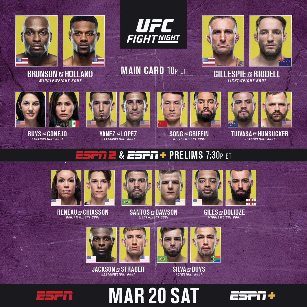Back on BIG @ESPN 📺

RT b/c it's 𝐅𝐈𝐆𝐇𝐓 𝐃𝐀𝐘 for #UFCVegas22: <a href="/DerekBrunson/">Derek Brunson</a> vs <a href="/Trailblaze2top/">Kevin Holland</a>