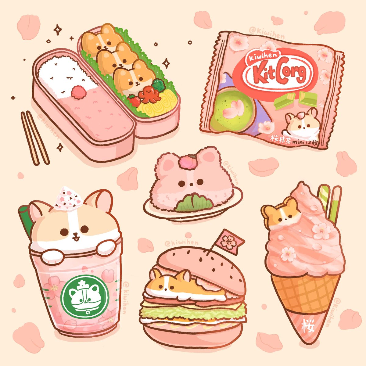 Tomorrow will be the first day of spring 🌸 The Cherry blossom season has also recently begun in Japan 🌺🎊 I drew some cherry blossom corgi goodies for you guys, which one is your favorite? #corgi #firstdayofspring #cherryblossoms #japanesesnacks