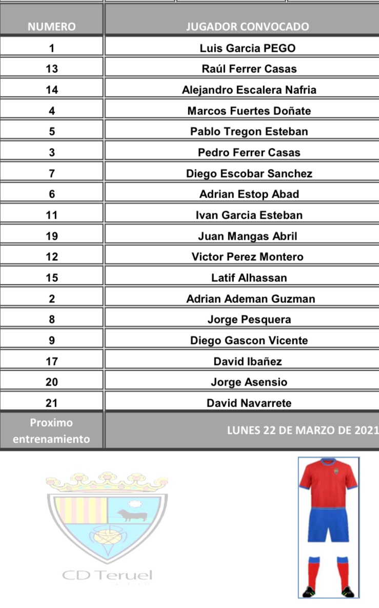 🚨CONVOCATORIA para el partido de mañana contra el <a href="/CDCalanda/">C.D.Calanda</a>,a las 1️⃣7️⃣:0️⃣0️⃣ en el Manuel Cros. 
Esperemos ver un bonito partido y hacernos con los 3 puntos que nos permitan seguir arriba en la clasificación.
🔥¡Vamos Teruel!🔥
#GOREDSGO🔴🔵