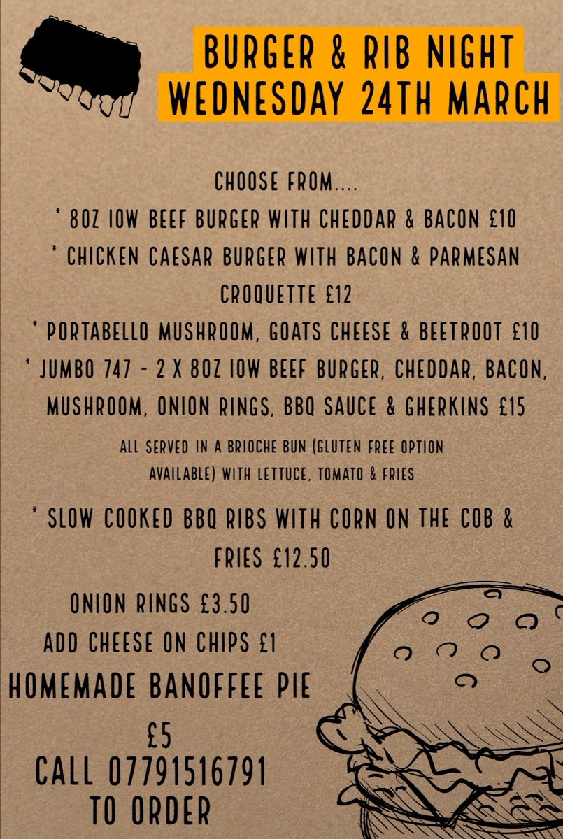 PropellerInn's tweet image. Here is next week&apos;s menus for takeaway...

Wednesday night is BURGER &amp;amp; RIB NIGHT 5-8PM 🍔

Friday night is FISH NIGHT 4.30-8PM 🐟

To place your order send us a message or call 07791516791 📞