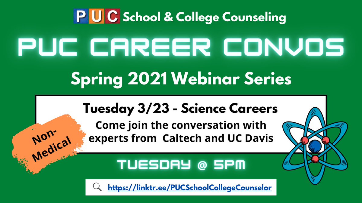 Join us for the upcoming webinar, which will focus on careers in the science industry (Non-Medical)!

linktr.ee/PUCSchoolColle…

¡Únase con nosotros para el próximo seminario web, que se centrará en las carreras en la industria de la ciencia (no médica)!