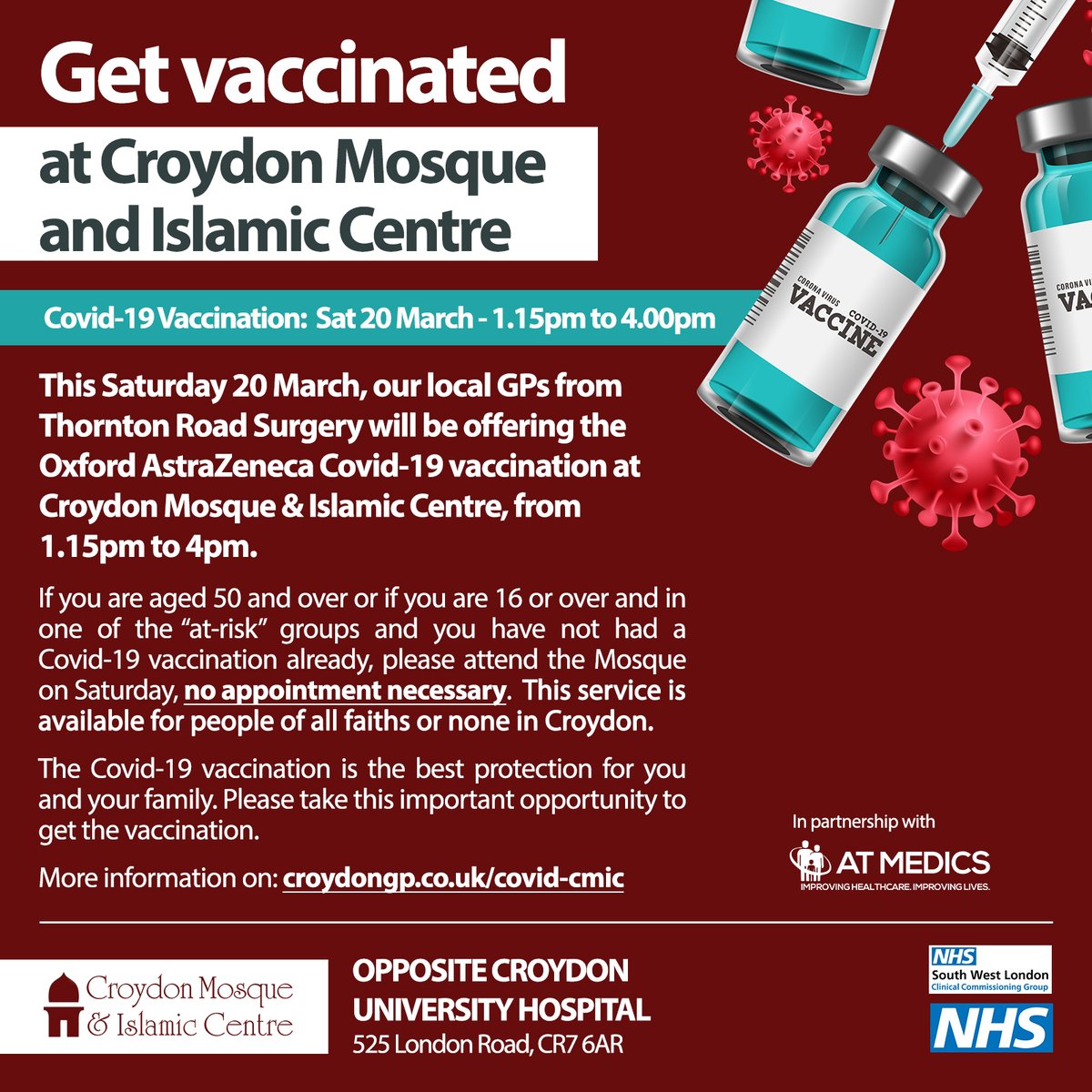 On Sat 20 March 1.15pm-4pm, our awesome team from Thornton Road &amp; Valley Park Surgery will be at #CroydonMosque vaccinating our local community with the #Covid19Vaccine

Eligible for the vaccine? You are welcome to attend!
More: croydongp.co.uk/covid-cmic/
#community #COVID19 #NHS
