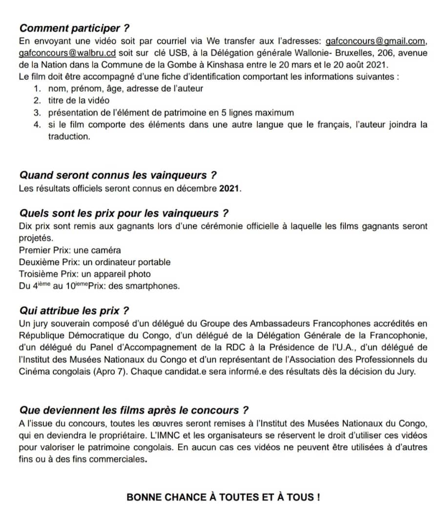 Le GAF RDC lance grand #ConcoursVideoPatrimoineRDC 🎬 ouvert aux jeunes 18 à 35 ans avec ⁦<a href="/RdcFrancophonie/">Francophonie RDC</a>⁩ , ⁦<a href="/AUChair2021/">Panel de la Présidence RDC 🇨🇩 à l'UA</a>⁩ et l’ Institut des Musées Nationaux. Bonne chance à toutes et à tous!
