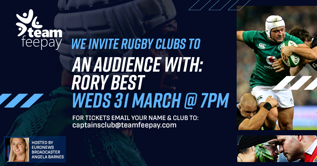 You still have time before kick-off to grab a FREE TICKET for the Teamfeepay audience with legend RORY BEST, Weds 31st March 7pm. Take your place - email your name &amp; club to: captainsclub@teamfeepay.com 

@PRO14Official <a href="/NISportsForum/">NI Sports Forum</a>
<a href="/UlsterRugby/">Ulster Rugby</a> <a href="/IrishRugby/">Irish Rugby</a> <a href="/EnglandRugby/">England Rugby</a>